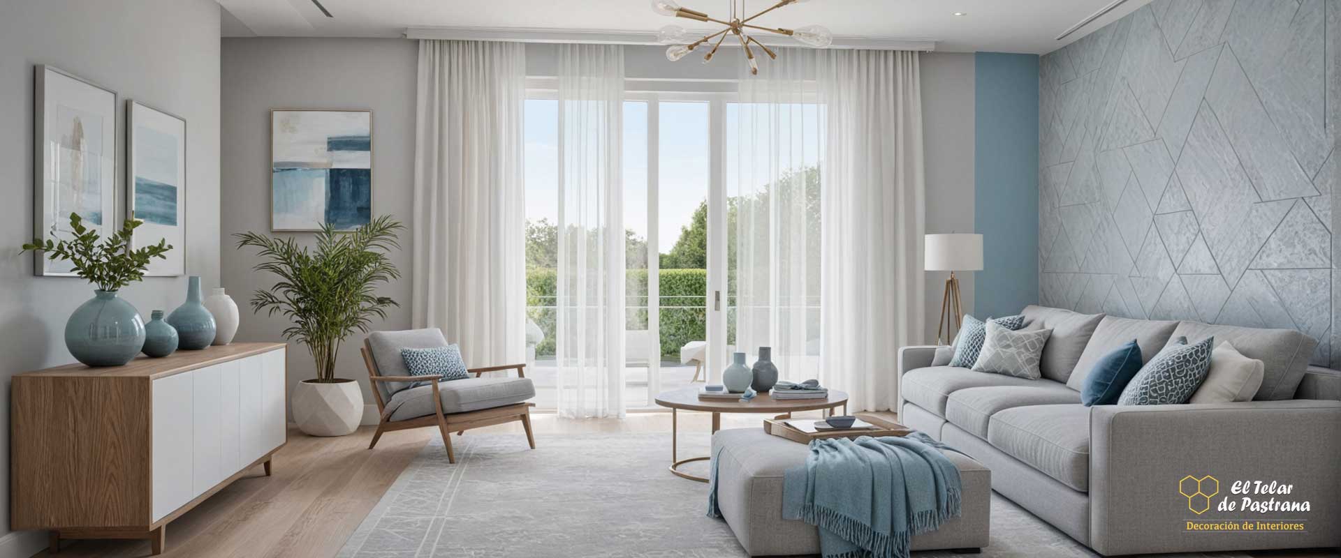 Cortinas en Madrid Decoración de salón estilo nordico con cortinas en blanco y detalles azul