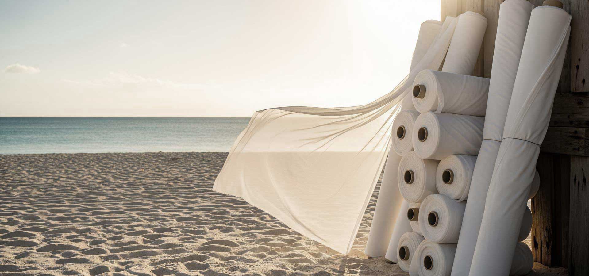 Rollos de visillos en una playa