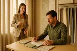 Consultora midiendo junto a una ventana mientras el cliente elige telas de cortinas a medida en Madrid, luz cálida.