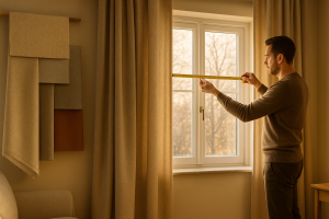 Salón madrileño en invierno con cortinas térmicas a medida; profesional midiendo la ventana y muestras de telas.