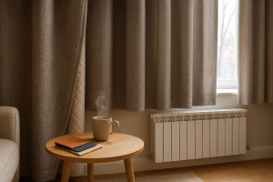 Salón en Madrid con ventana grande y cortinas térmicas a medida, forro grueso, radiador apagado y luz fría de mañana.