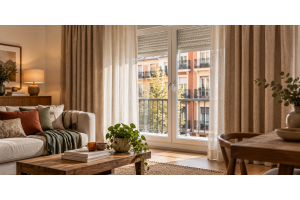 Salón en Madrid con cortinas térmicas a medida; forro visible y luz cálida interior frente a exterior frío, escena 16:9.