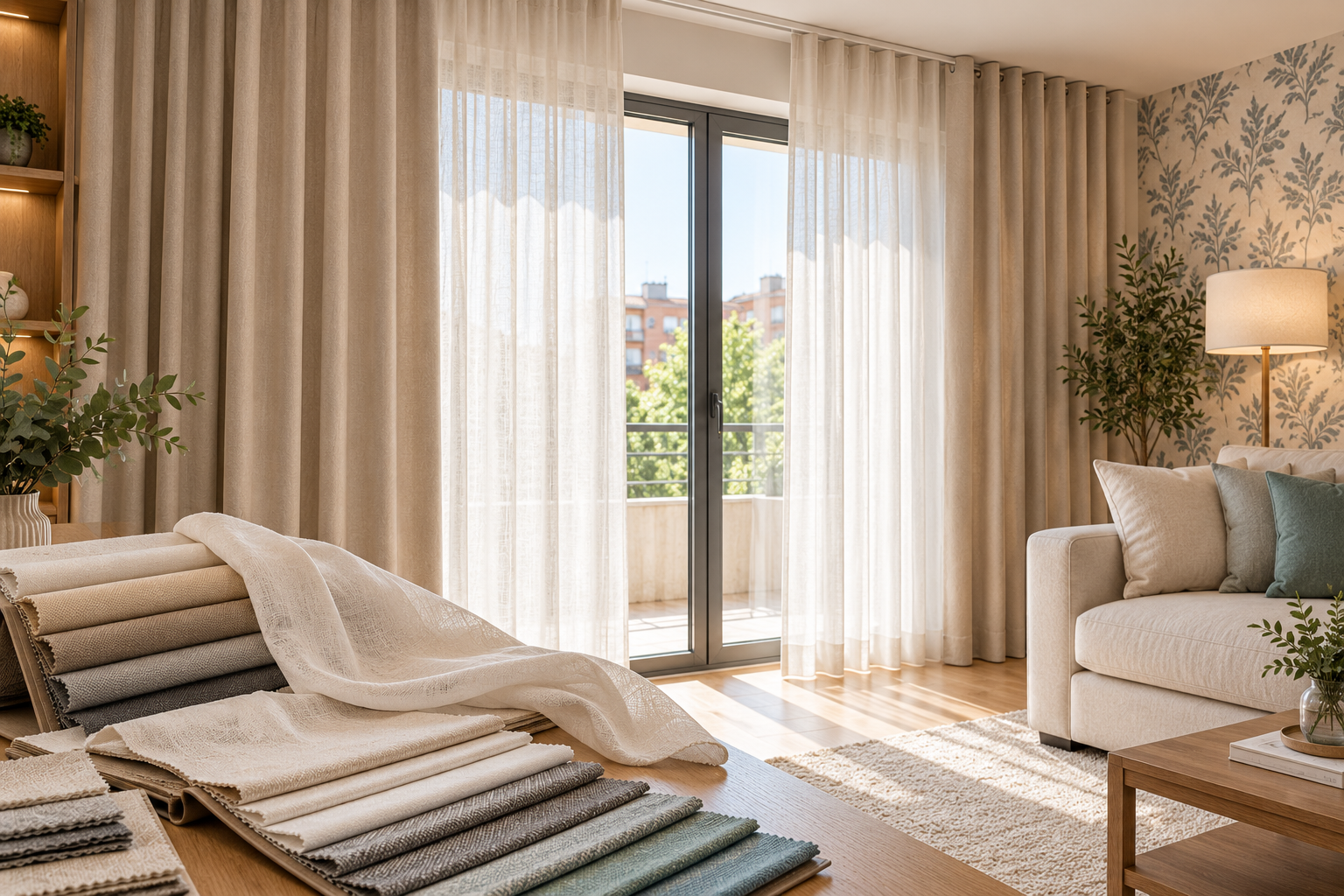 Asesor midiendo ventana en Madrid con muestras de tela para cortinas a medida, luz natural y cortina a medio instalar.