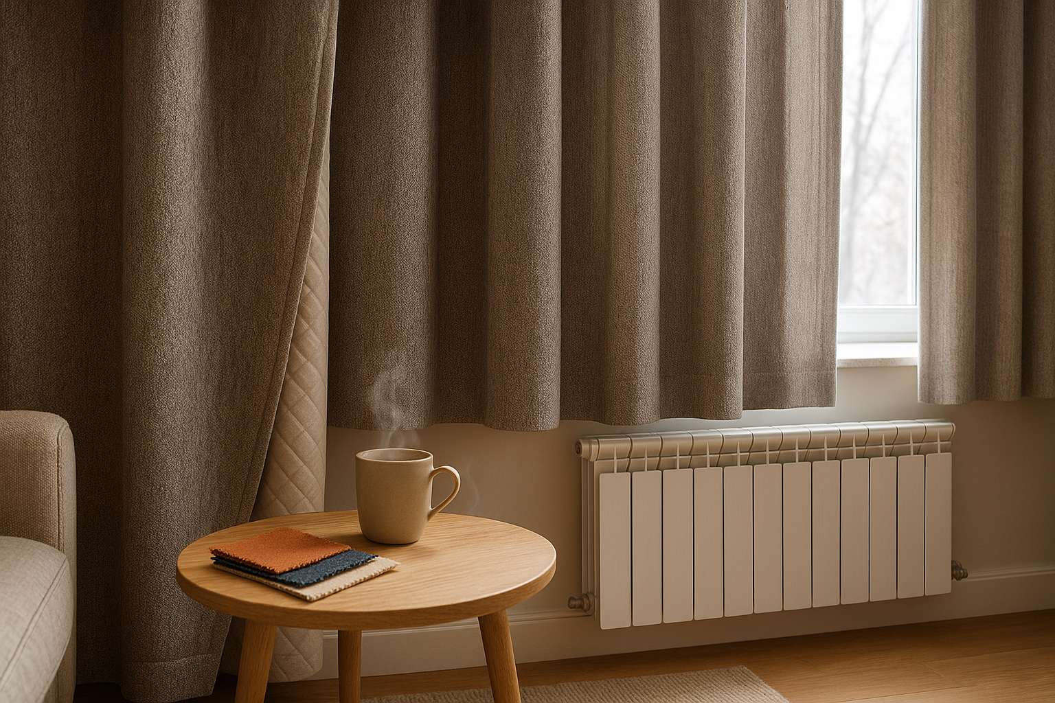 Salón en Madrid con ventana grande y cortinas térmicas a medida, forro grueso, radiador apagado y luz fría de mañana.