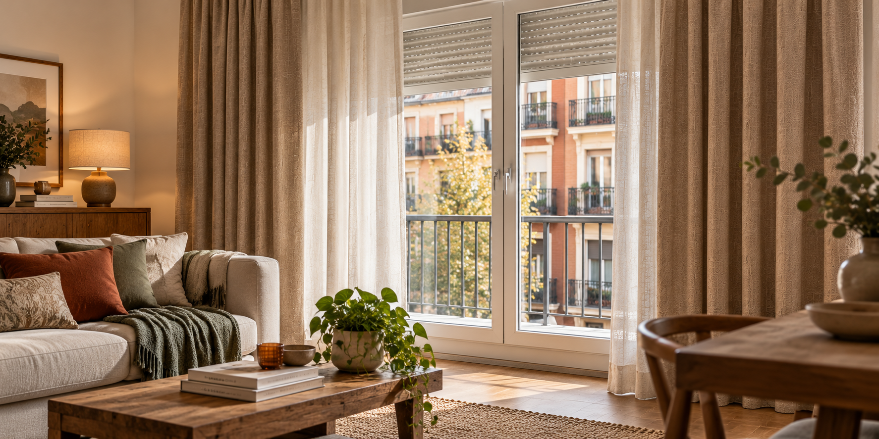Salón en Madrid con cortinas térmicas a medida; forro visible y luz cálida interior frente a exterior frío, escena 16:9.