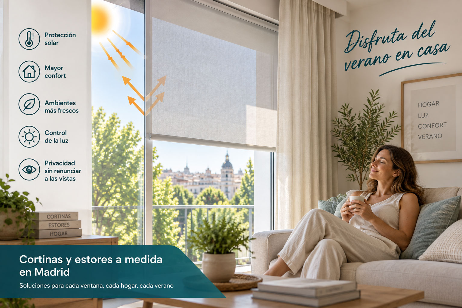 Salón madrileño con estor screen y cortina térmica; persona ajusta cortinas y estores para filtrar la luz y mejorar confort