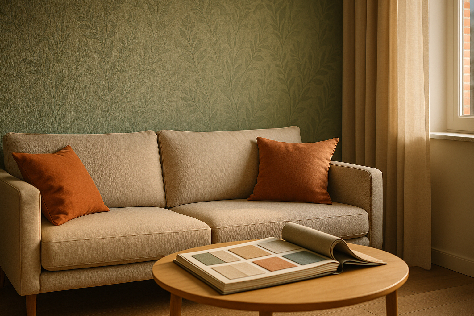 Salón madrileño con pared de papel pintado 2026 botánico en tonos tierra y verde salvia, textiles coordinados y luz de tarde.