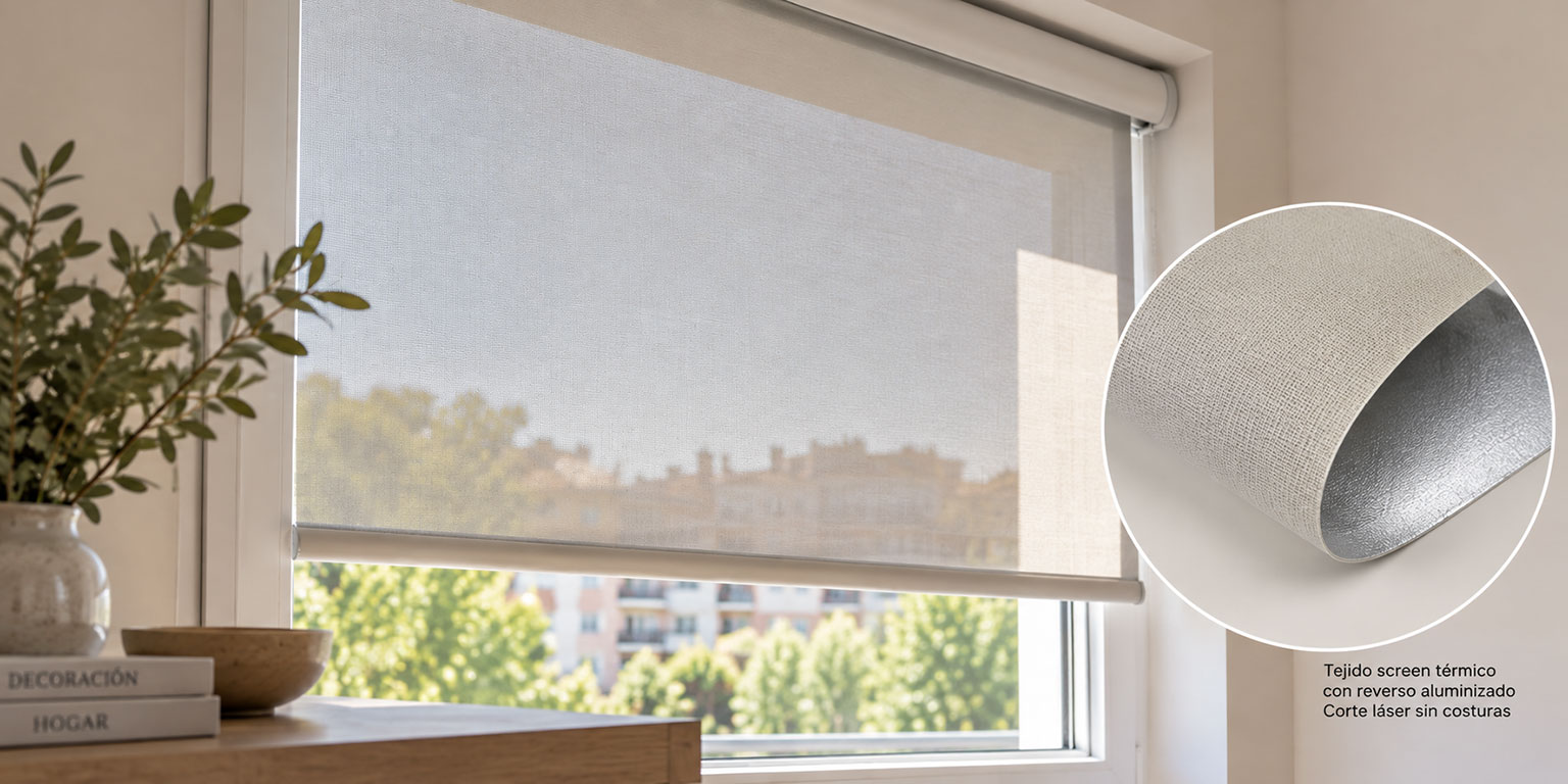 Salón en Madrid con estor enrollable y cortinas térmicas; estores para el calor para reducir entrada de sol en verano.