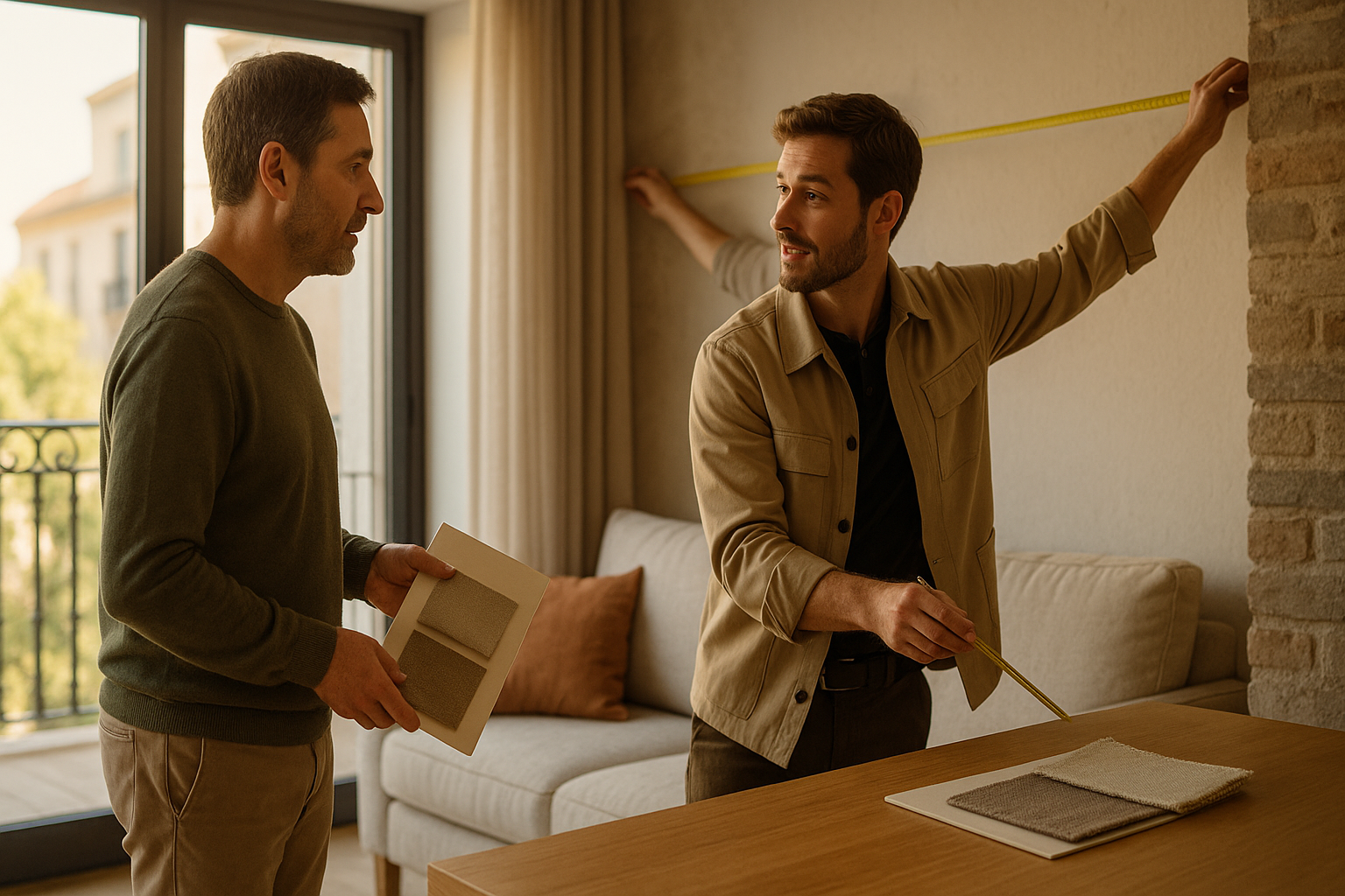 Decoración textil primavera en Madrid: estor screen y cortinas de lino; asesora y cliente eligen muestras con luz de marzo