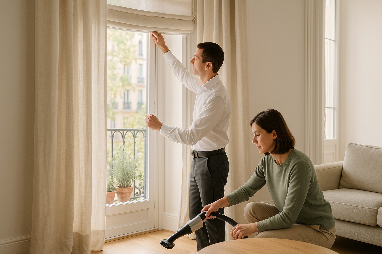 Salón madrileño en primavera con cortinas de lino y estor beige; profesionales ayudan a limpiar cortinas y revisar riel.