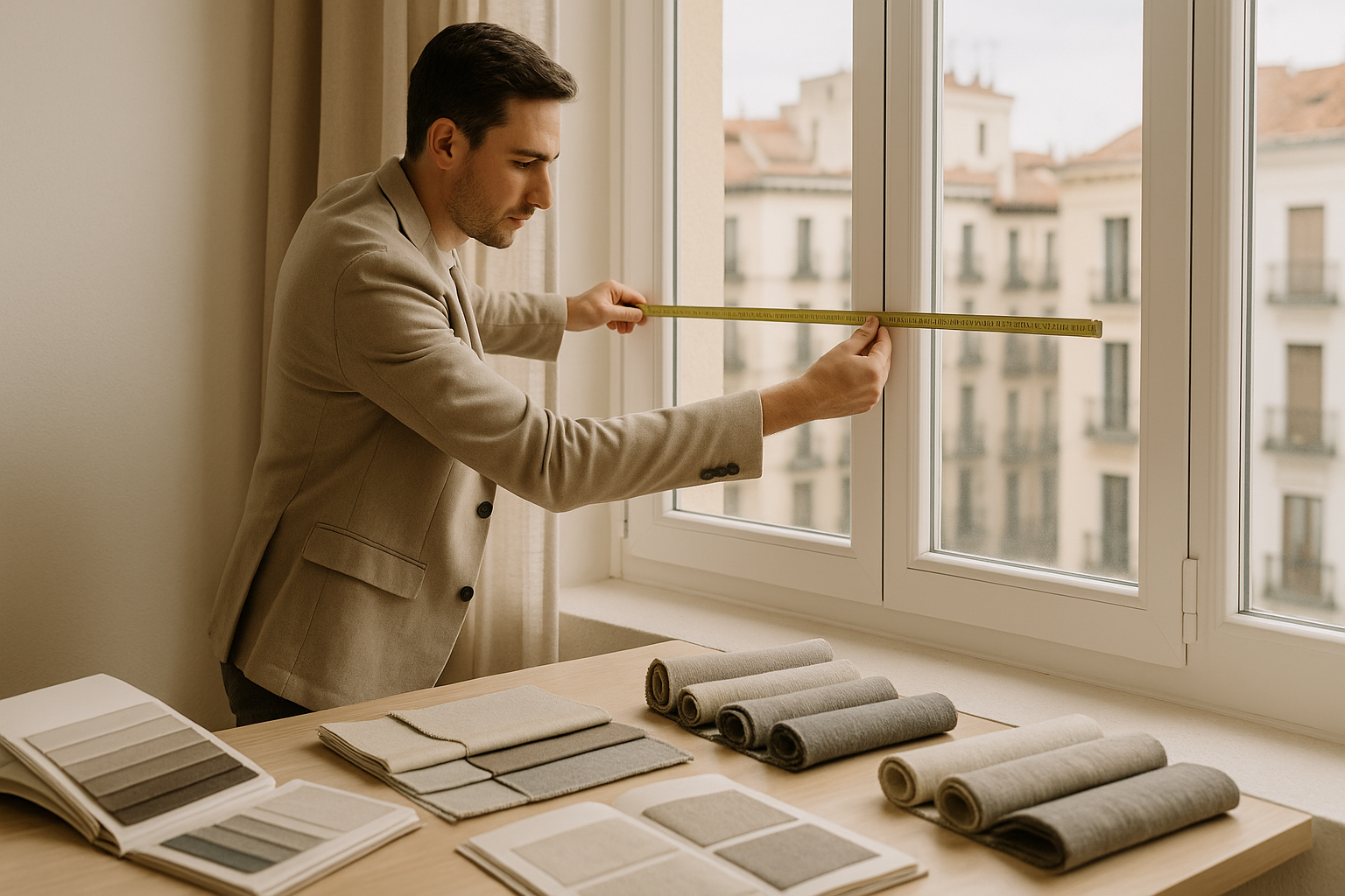 Asesor de decoración midiendo ventana en Madrid para cortinas a medida, con telas y cinta métrica en primer plano.