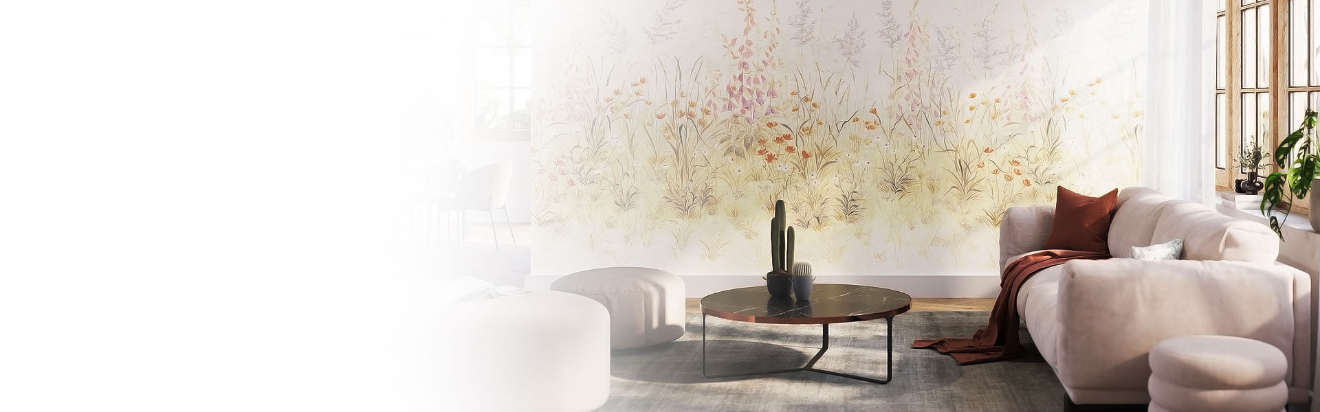 Salón con mural de papel pintado moderno